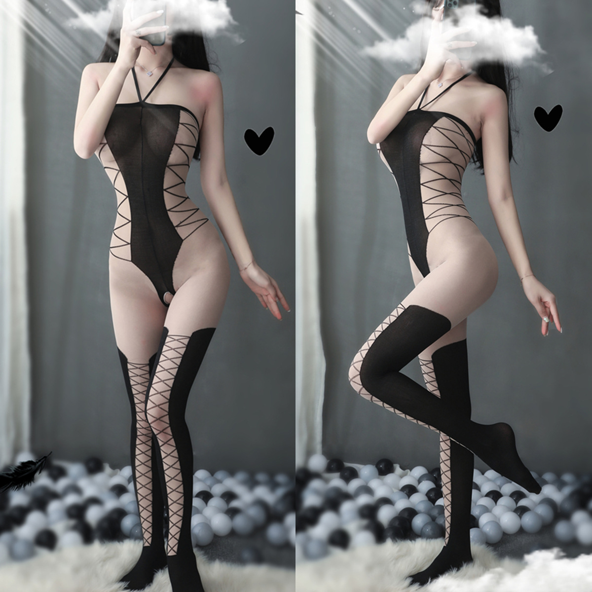 Sexy Stockings Open Sexy Cross Body Stockings Suspenders Breast Exposed Sexy Lingerie Transparent One-Piece Suit 67 Black Stockings