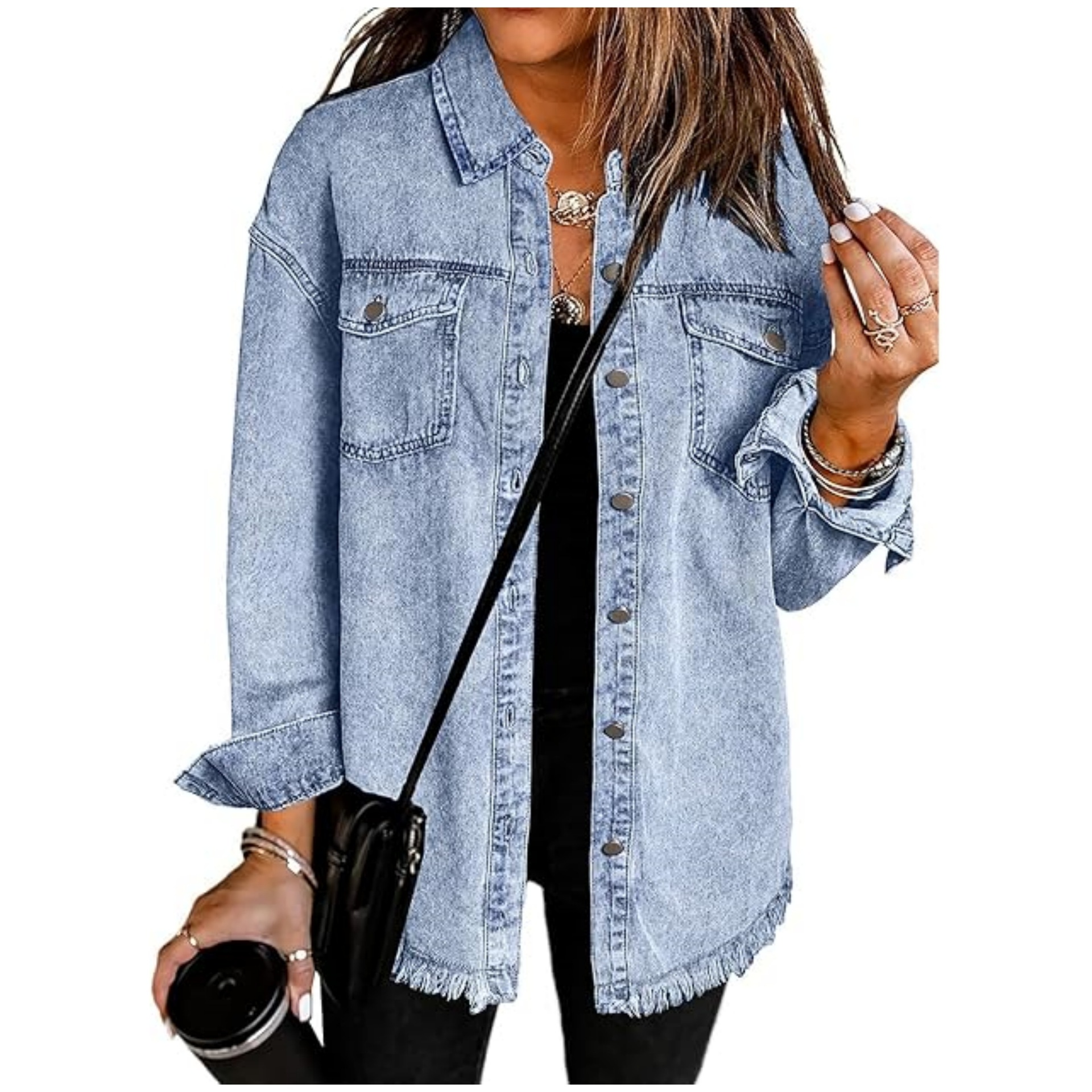 Picture of 2025 European and American Cross-Border Sales Amazon Standing New Raw Edge Denim Casual Loose Jacket Shirt
