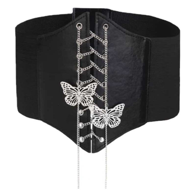 Amazon Women's Elastic Waistband Butterfly Chain Wide Waistband Tactical Thai Elastic Music Festival Hip-Hop Belt
