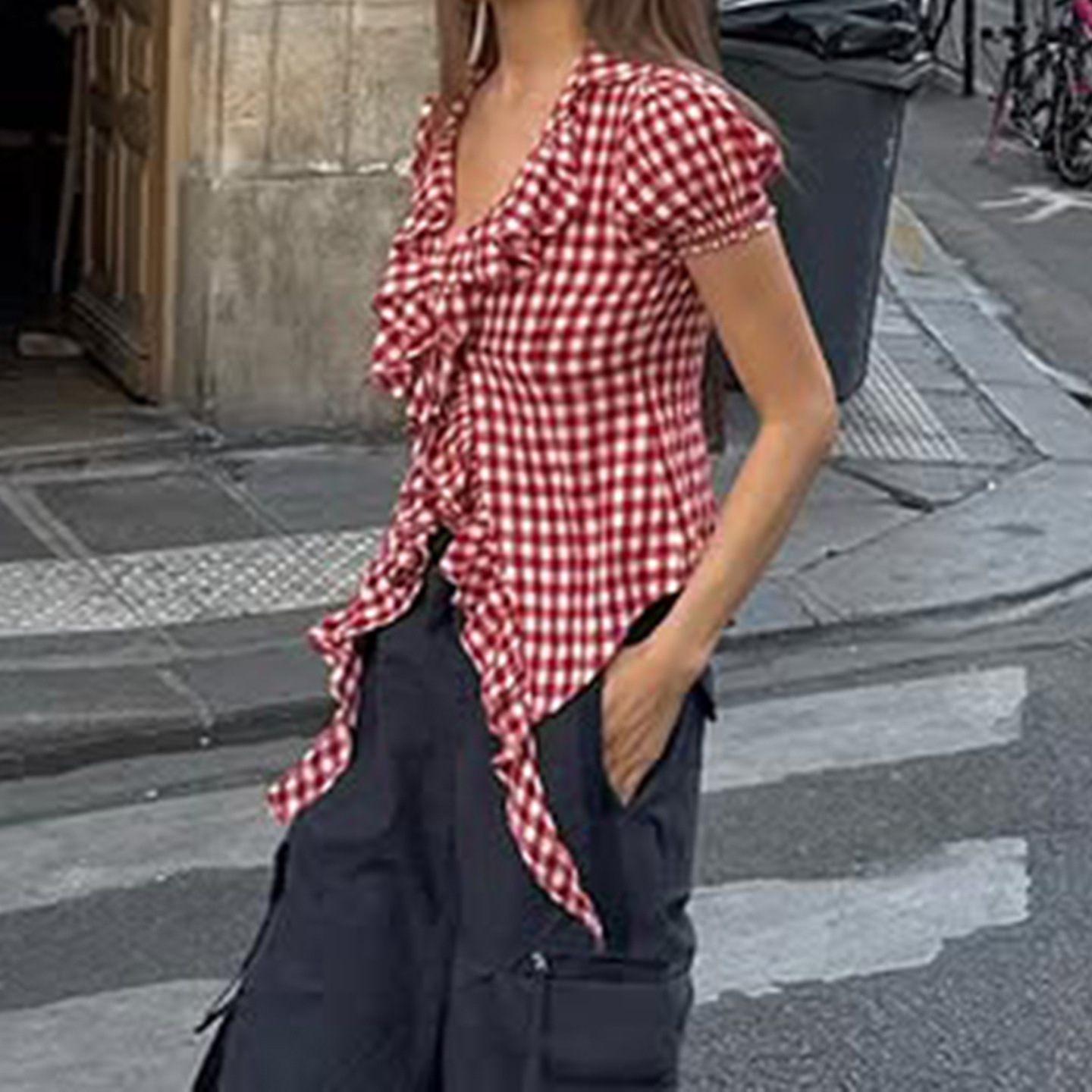 Picture of French Retro Red Plaid Shirt Top Cross-Border Women's Ruched Ruffle Tie Puff Sleeve Short-Sleeve T-Shirt