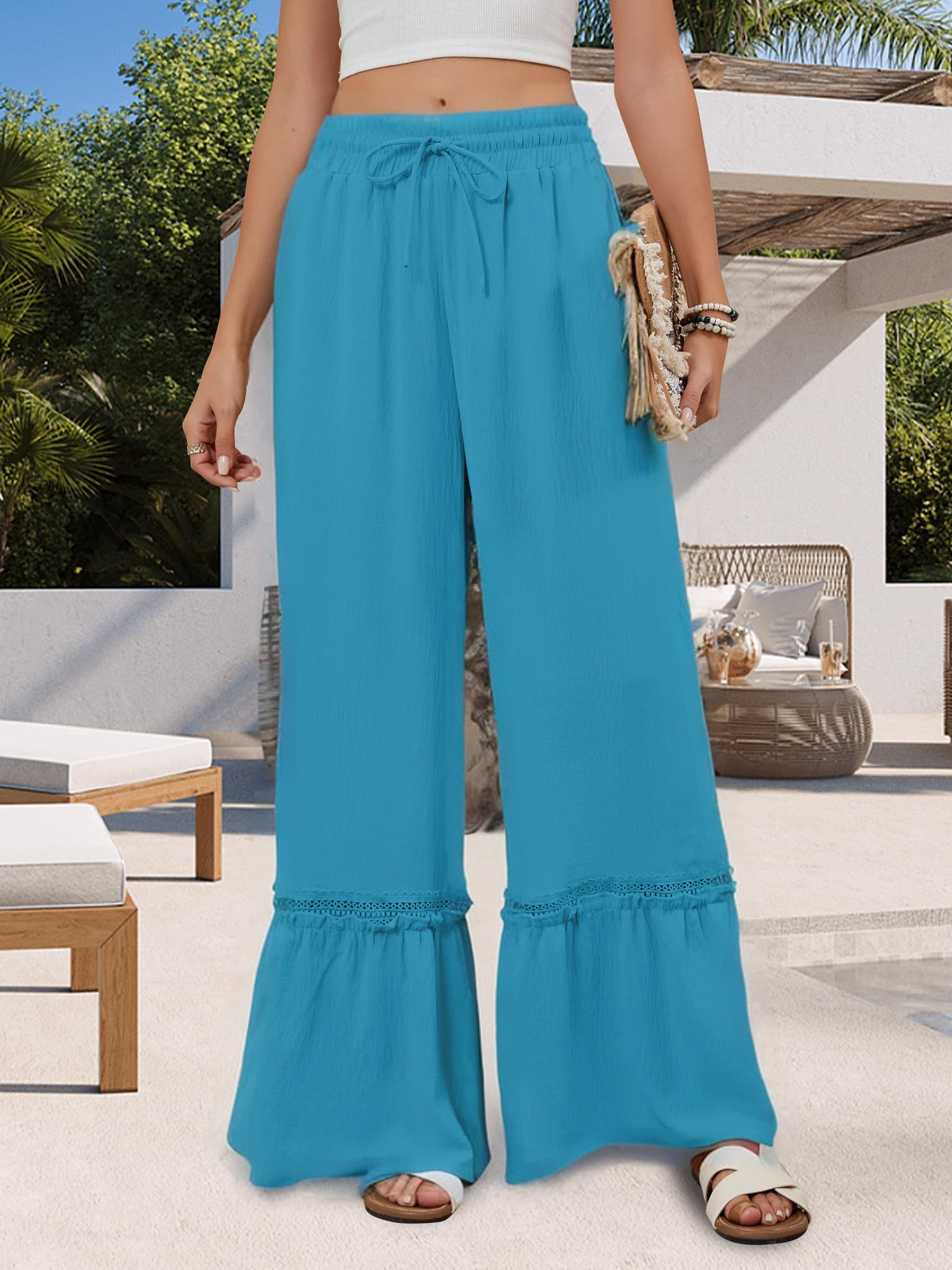 2025 Amazon New Solid Color High Waist Casual Pants Women's European and American Thin All-match Drawstring Wide Leg Pants