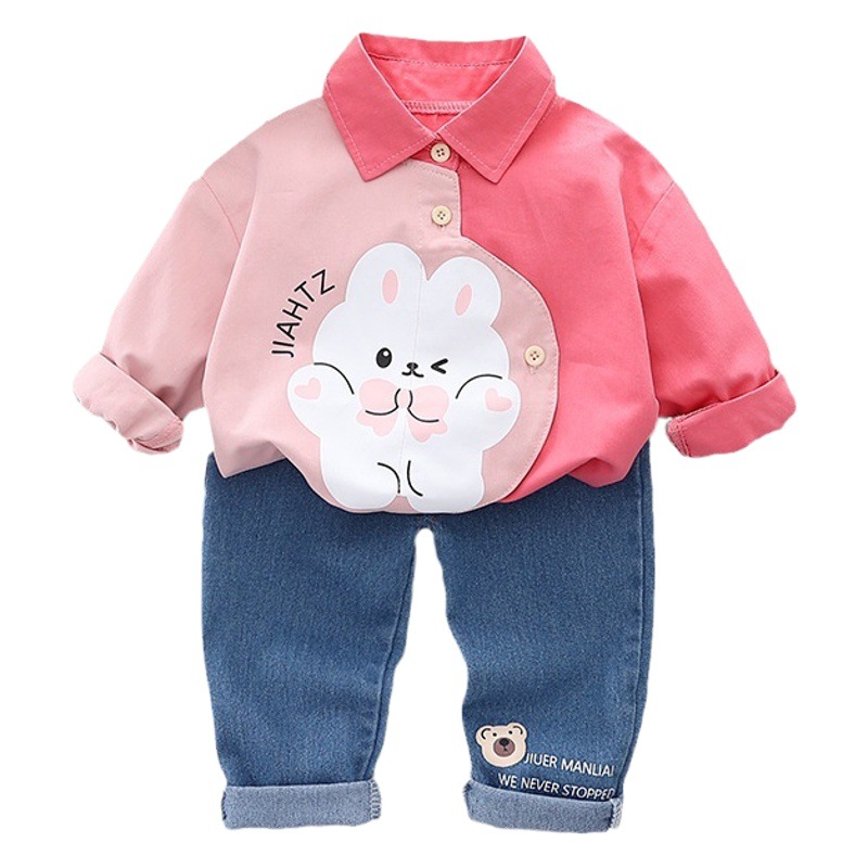 Girl's Spring and Autumn suit Baby Girl's Cartoon Rabbit Shirt Jeans Two-Piece Set Baby Fashion Western Style