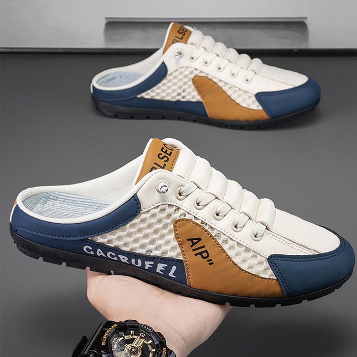 Men's Summer Breathable Mesh Half-Slippers, Slip-On Outdoor Lazy Shoes, Trendy and Versatile Soft-Soled Casual Beanie Shoes