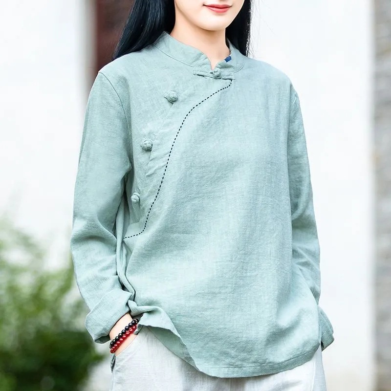 Women's Export Literary Retro Spring, Summer and Autum Cotton and Linen Long-Sleeved Loose Slimming Look Top Stand-Up Collar Slanted Placket Button-Up Shirt
