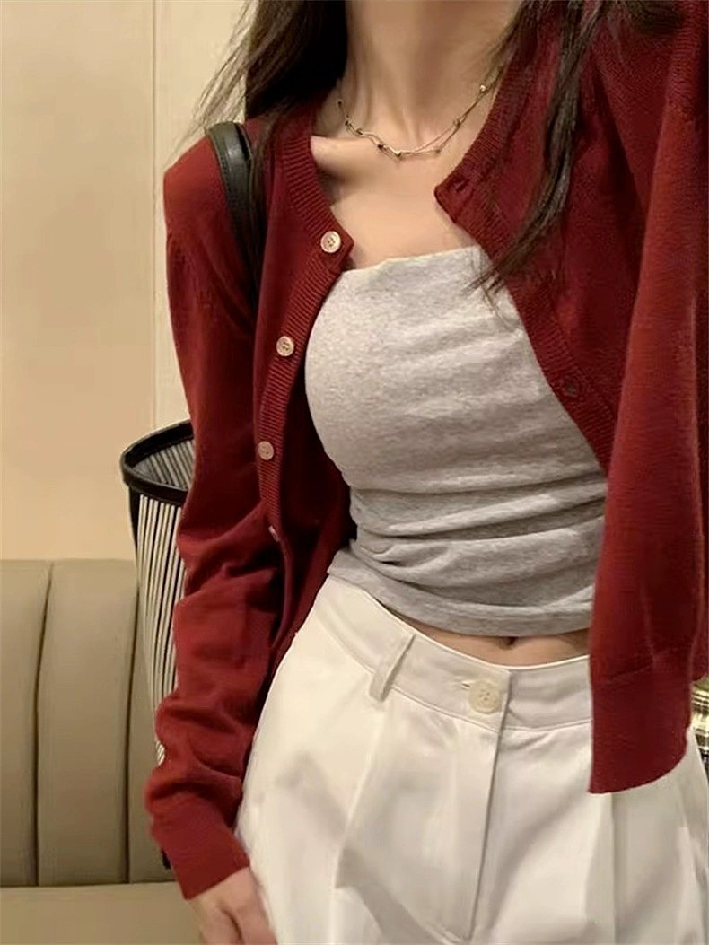 Red Knitted Cardigan Early Autumn Women's New Style 2025 Outer Short Sweater Jacket Long-Sleeved Top Bottoming Shirt