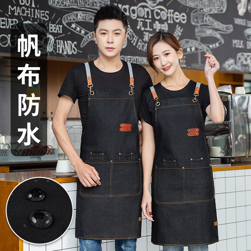 Waterproof canvas apron printed and embroidered logo printing catering barista milk tea shop commercial overalls men