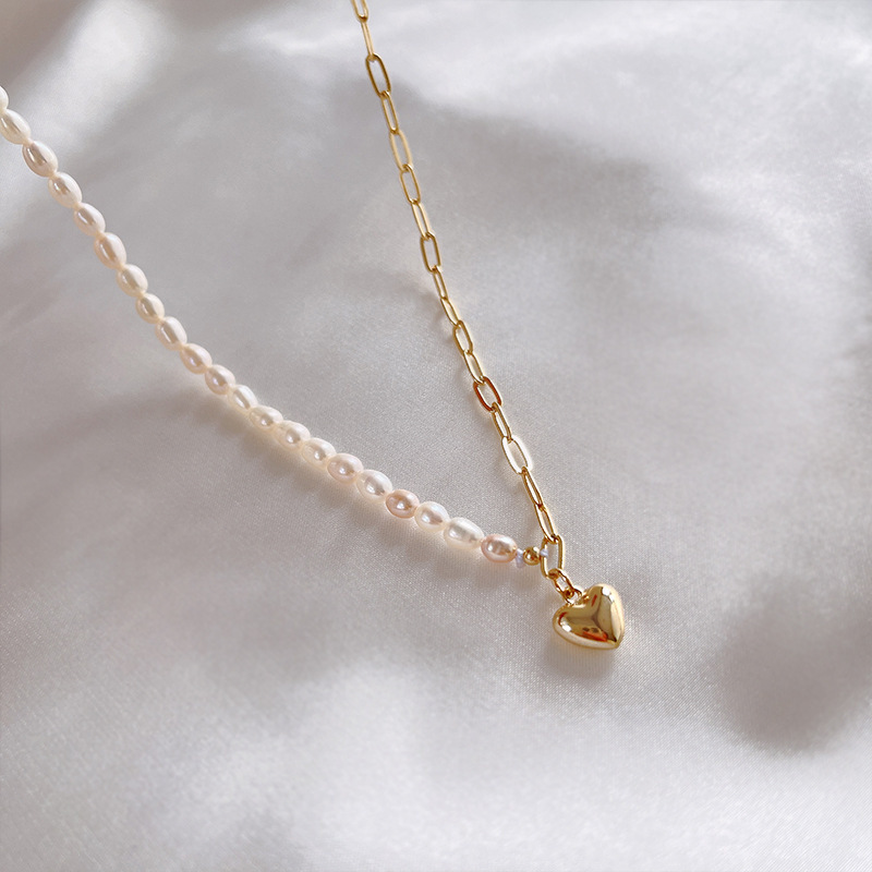 Picture of Natural Freshwater Pearl Necklace Women's Asymmetric Stitching Clavicle Chain Love Pendant Neck Chain Niche Design Sense Jewelry
