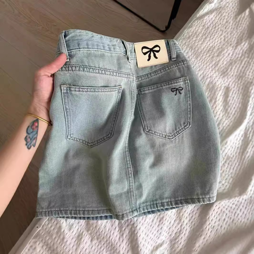 American Style Vintage Bow Embroidered Denim Skirt Women's Summer New High Waist Slim A- line Hip Short Skirt