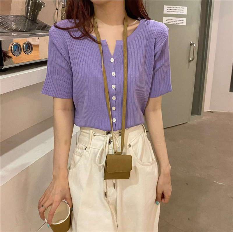 Picture of Summer 2025 New Knitwear Women's Korean Style Thin Bottoming Shirt Pure Color Slimming Look Versatile Single-Breasted Short-Sleeved Top