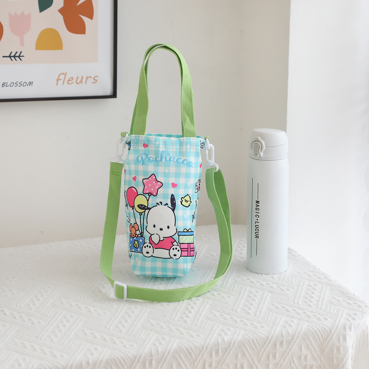 Picture of Japanese Style Cartoon Cute Canvas Water Cup Bag Crossbody Portable Dual-purpose Water Kettle Bag Outgoing Small Cloth Bag Handbag