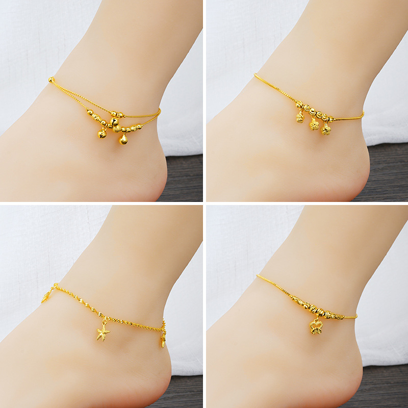 Picture of Vietnam Sand Gold Fashion Anklet Brass Plated 24k Gold Bell Double-Layer Turn & Bead Foot Ornaments Women's Foreign Trade Euro Gold