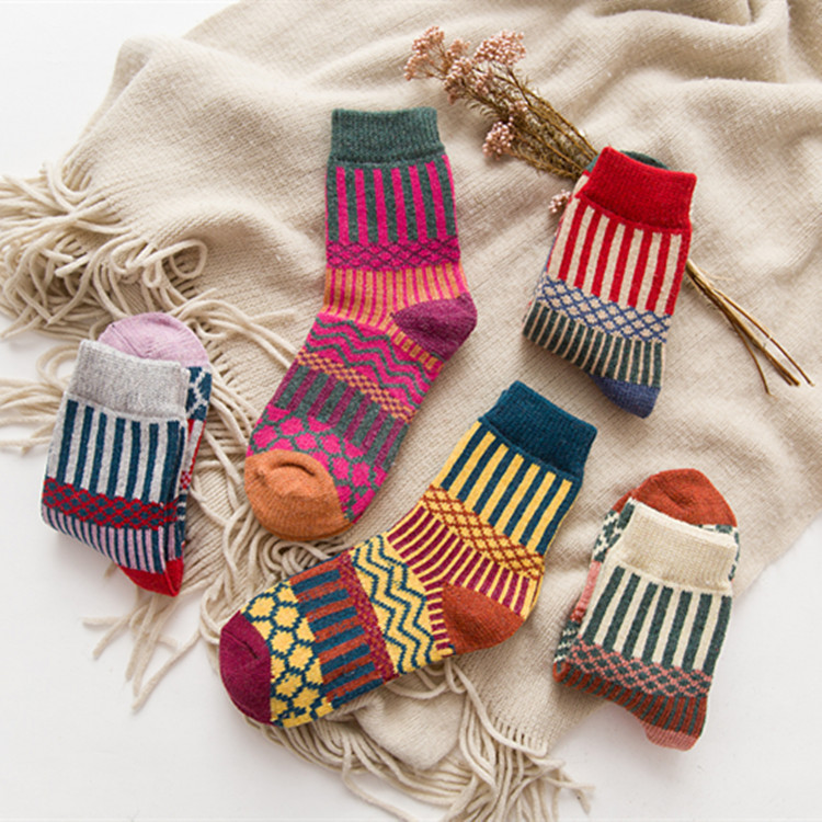 Autumn and Winter double needle thickened warm women's rabbit wool socks mixed socks vertical stripes artistic ethnic style cashmere socks women's socks