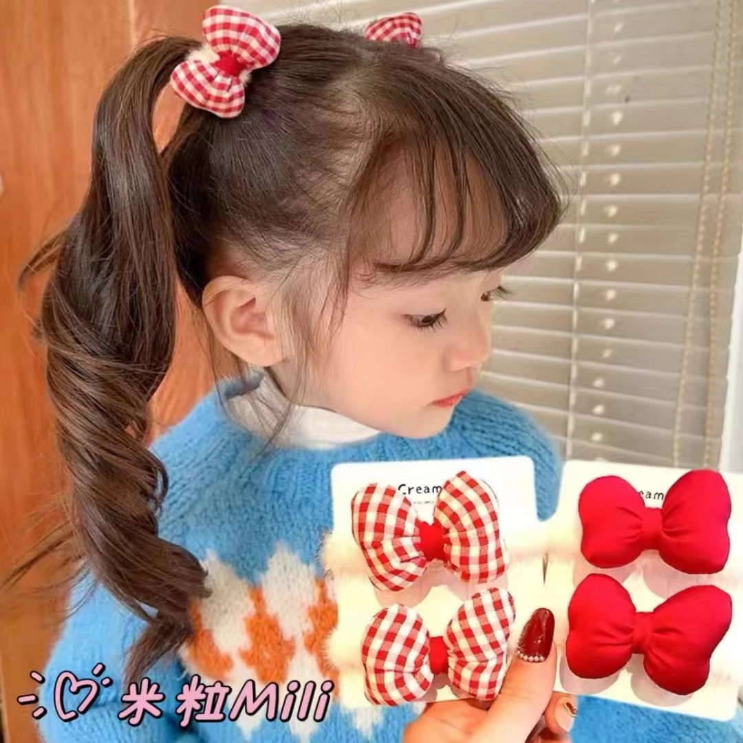 Children's rubber band hair band Sweet Girl New Year red plaid bow hair rope girl style little girl plush hair band