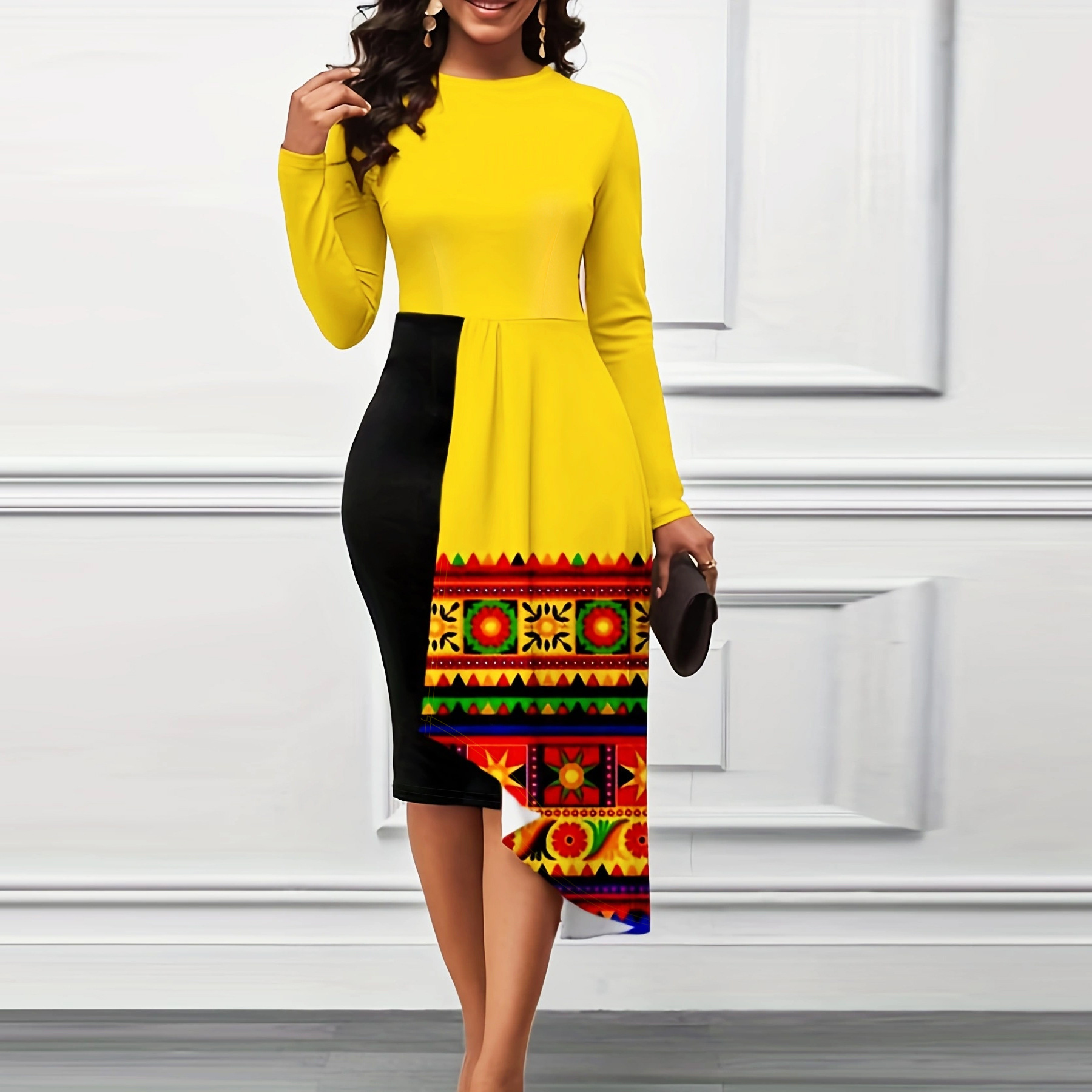 Picture of Cross-border Amazon European and American Spring and Autumn Women's Elegant Laminated Hip Midi Dress Irregular Stitching plus size dress