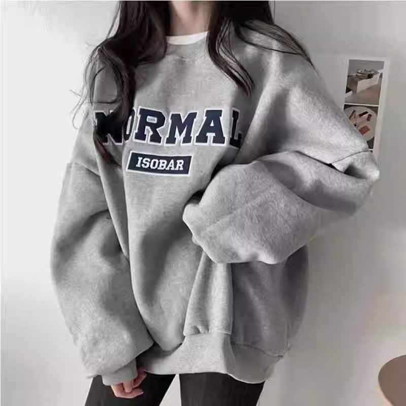 Gray Hoodless Round Neck Velvet Sweatshirt for Women Loose Mid-Length Autumn and Winter K-Style Thickeneded Bf Lazy Style Long-Sleeved Top