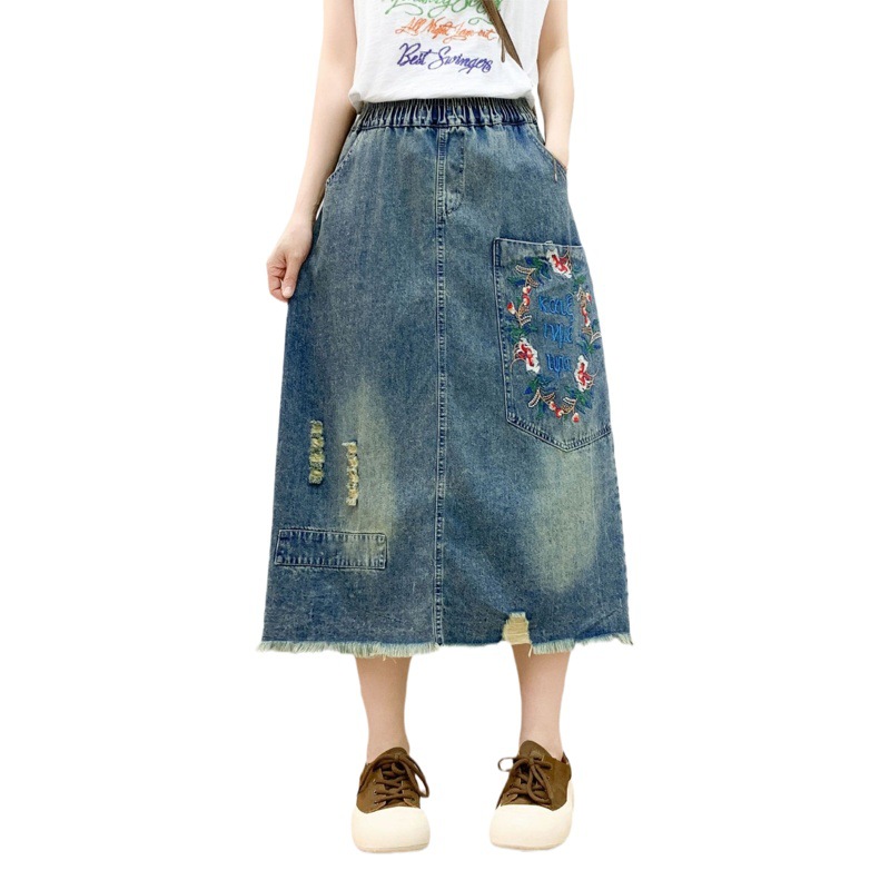 Denim Skirt 2024 Spring New Arrival Floral Embroidered Gouhua Hole Pocket High Waist Lace A- Line Skirt for Women
