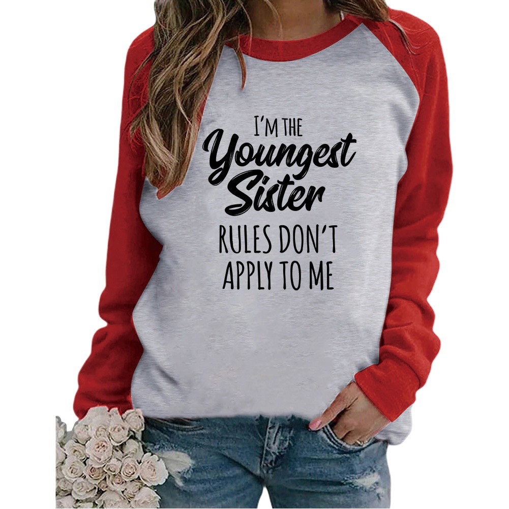 2021 Cross-border Women's Raglan Long Sleeve youngest sister Printed Loose Pullover Raglan Long Sleeve