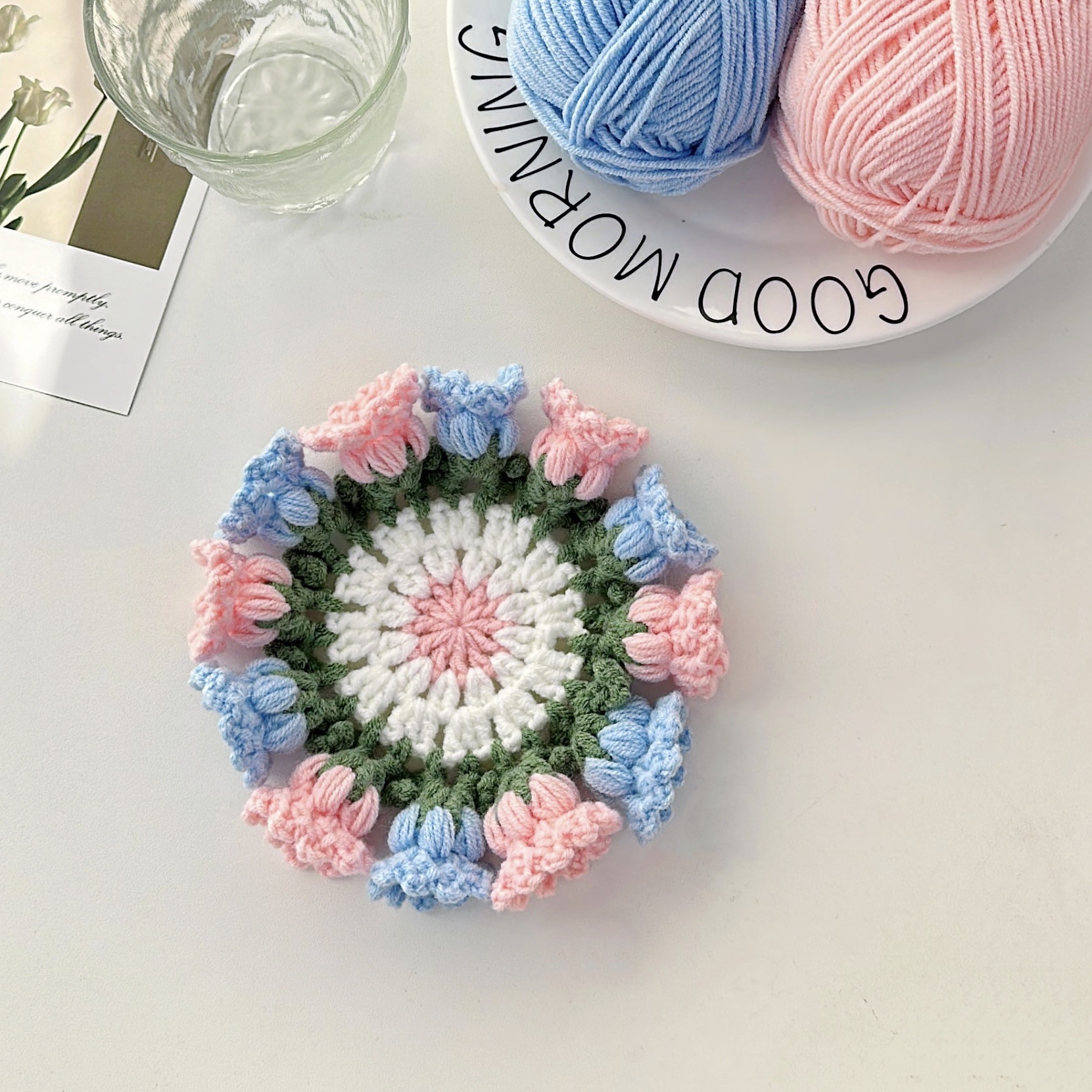 Picture of Beginner Handmade Weaving DIY Materials Kit, Yarn, Crochet, Lily of the Valley Gradient Coaster Gift for Girlfriend