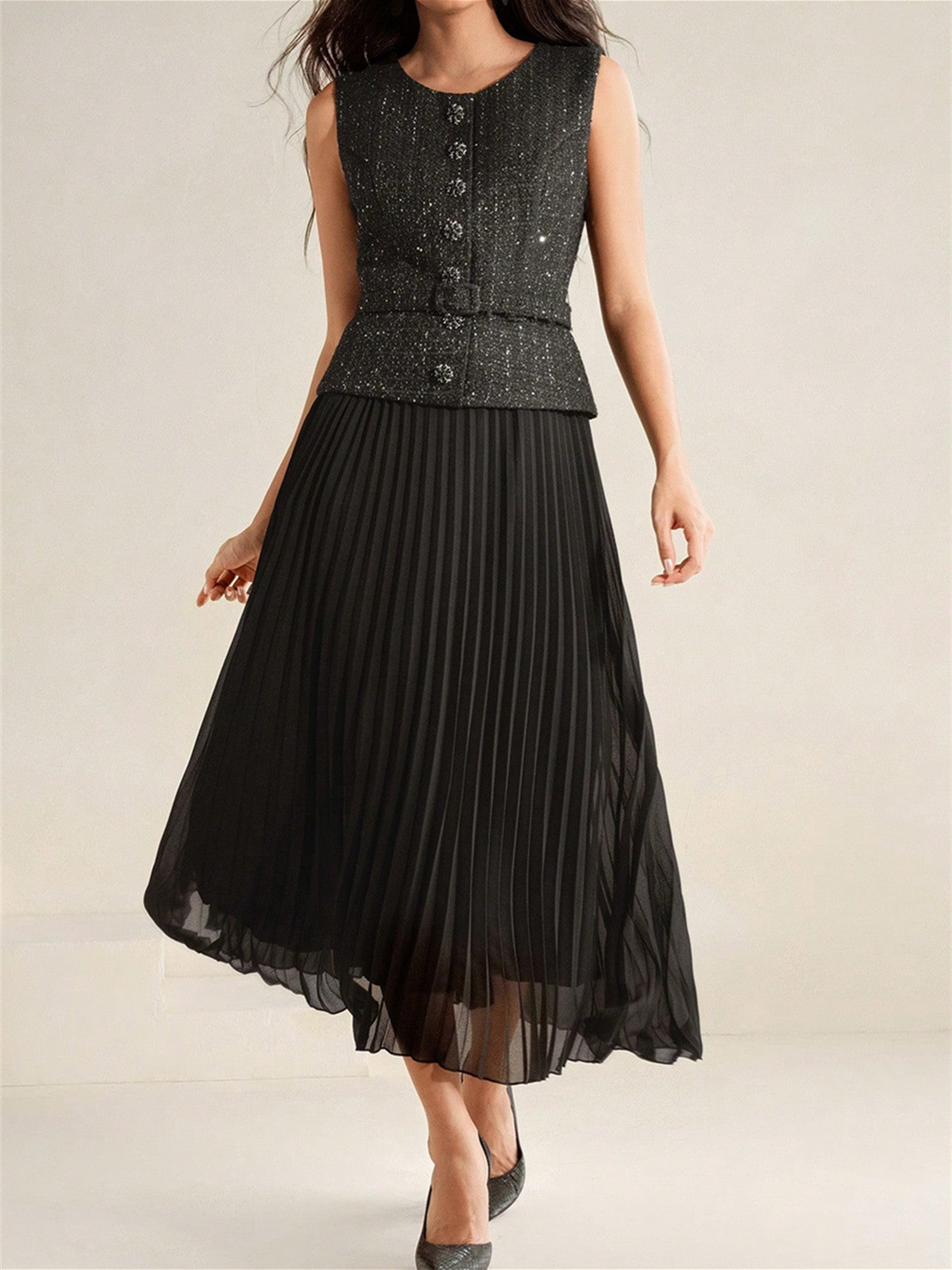 2025 Cross-Border European and American Export Women's Fashion Elegant A-Line Pleated Dress with Belt Ready for Sale