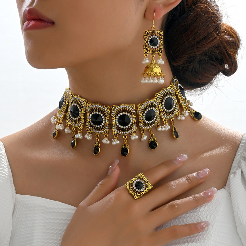 Indian style alloy gem-set geometric necklace earrings ring combination suit diamond tassel pearl pendant accessories