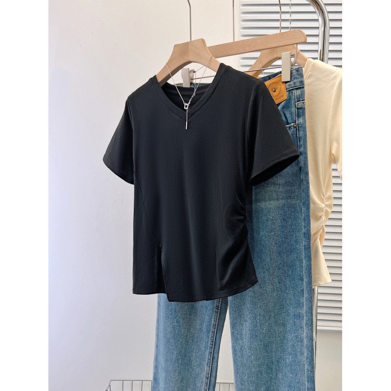 Picture of Niche Design Sense Solid Color Split Hem Short-sleeved T-shirt Women's Summer Outer Wear Slim-fit Base Shirt Short-sleeved Top