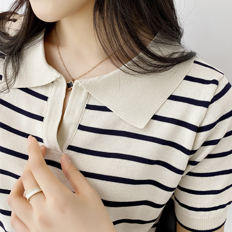 Picture of Polo Shirt Summer 2023 New Korean Striped Short-sleeved Knitted Shirt Women's Thin Slimming Polo Collar T-shirt