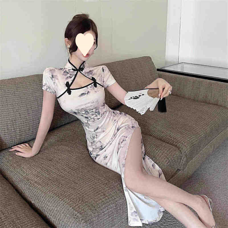 2025 Summer Dress New French Niche Elegant Vintage Printed Modified Split Slim-Fit dress Women