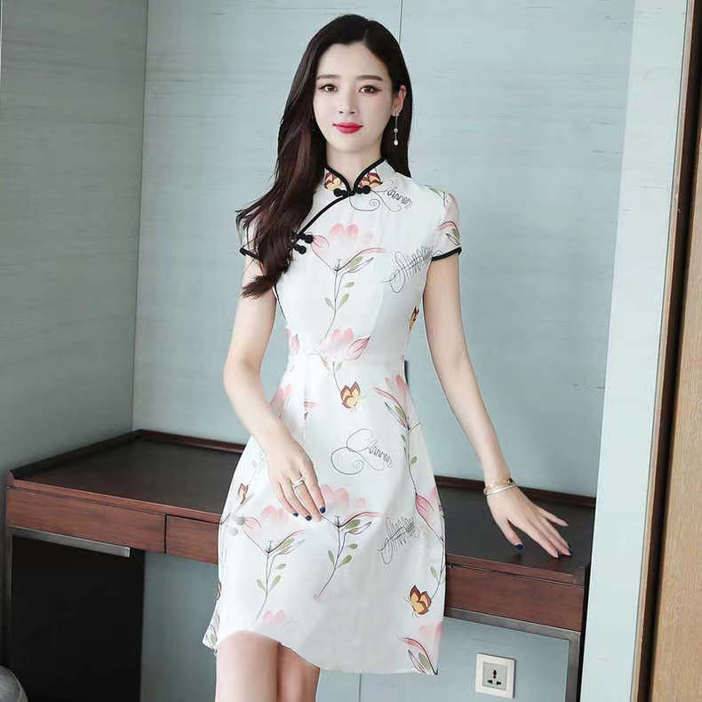 Summer New Retro Improved Cheongsam, Ladylike Elegant, Chinese Style Slimming Look Short-Sleeved Dress, A-Line Skirt
