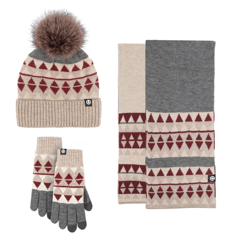 Picture of Winter New Product Japanese Style Knitted Gloves, Scarf and Hat Three-Piece Set Wool Warm and Cold-Proof Fur Ball Scarf Three-Piece Set