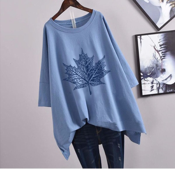 Picture of 100kg Plus Size Women's Summer Leaf Print Casual Slit Mid-Length Short Sleeve T-Shirt Loose Oversized Style