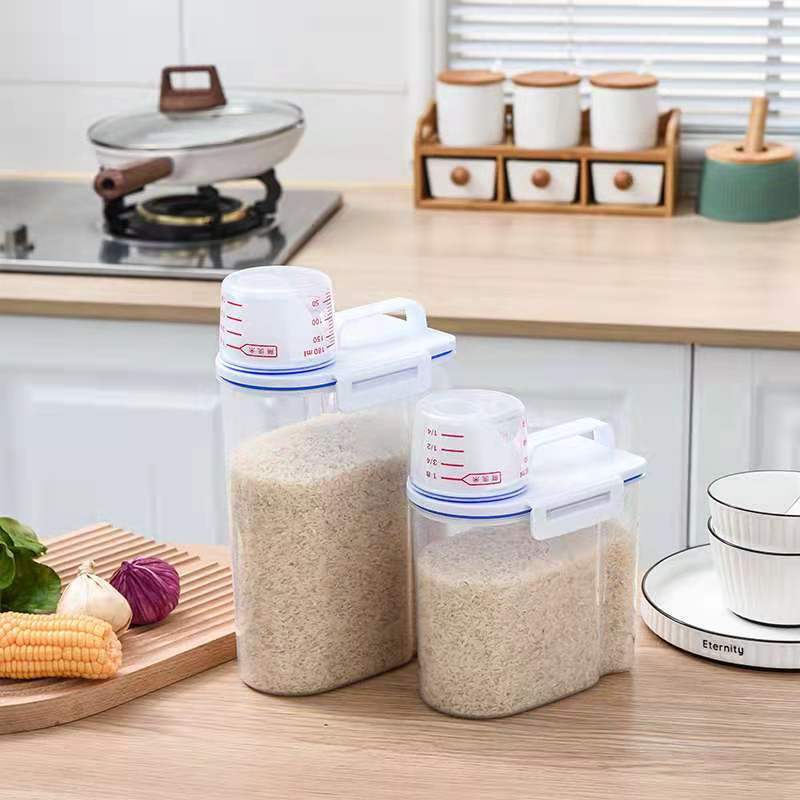 Picture of Grain Storage Container with Measuring Cup, Plastic Sealed Bucket for Kitchen, Moisture-Proof and Insect-Proof Rice Storage Container, Sealed Storage