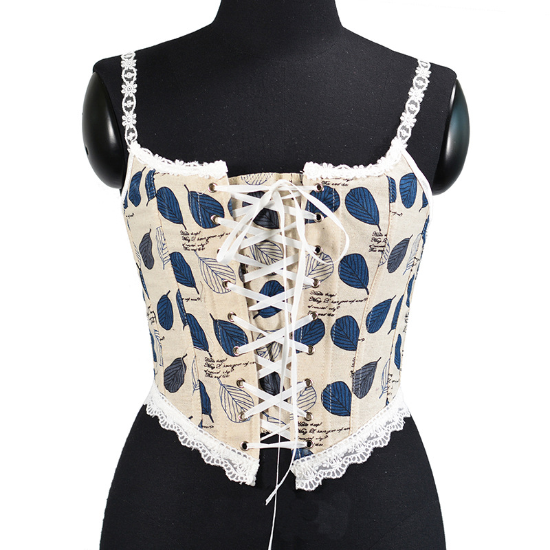 Picture of 21227 French Strap Corset Blue Ba Leaf Printed Lace Stacked Vest Women's Top