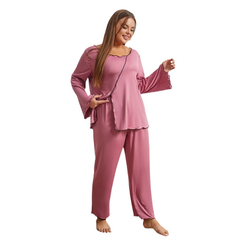 Amazon foreign trade plus size pajamas women's autumn and winter striped split long-sleeved home wear suit can be worn outside independent station