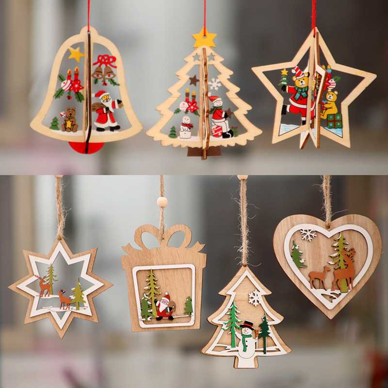 Christmas decorations wooden Christmas laser hollow Christmas tree small pendant wooden five-pointed star Bell pendant gift