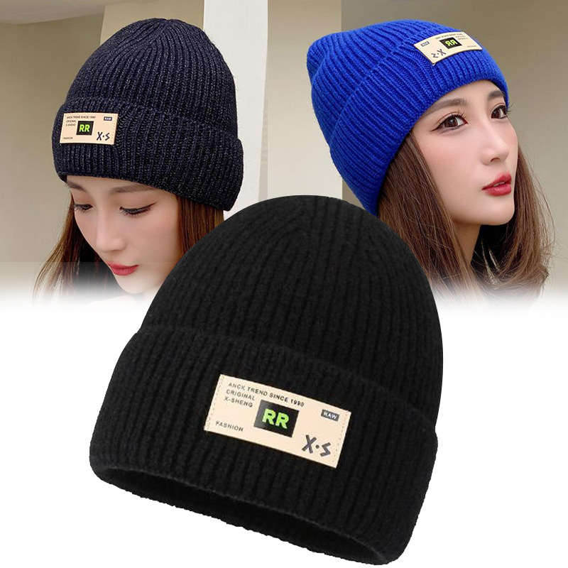 Knitted Wool Hat Women's Autumn and Winter Korean Style Trendy Net Red Style Letter Hat Thick Cotton Hat Ins Style Knitted Hat