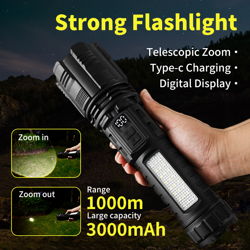 Cross-border large flashlight outdoor strong solar patrol light telescopic zoom long-range aluminum alloy searchlight