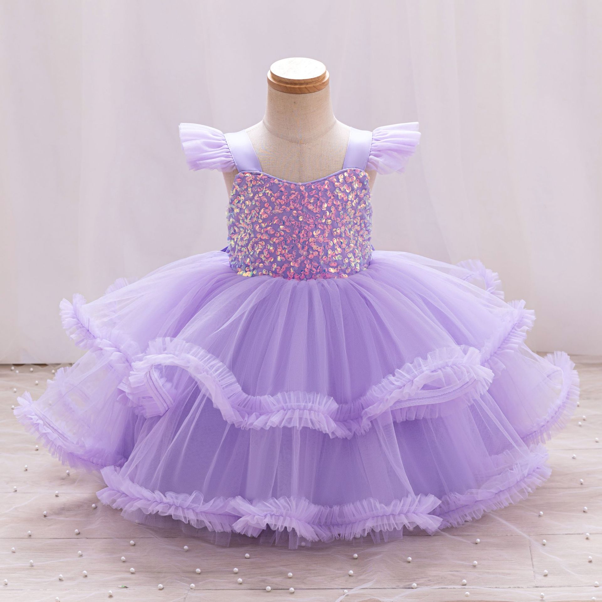 New Cross-Border Children's Performance Dress with Small Flying Sleeves, Sequined Princess Dress, One-Year-Old Dress, Holiday Tutu Skirt, Gauze Skirt