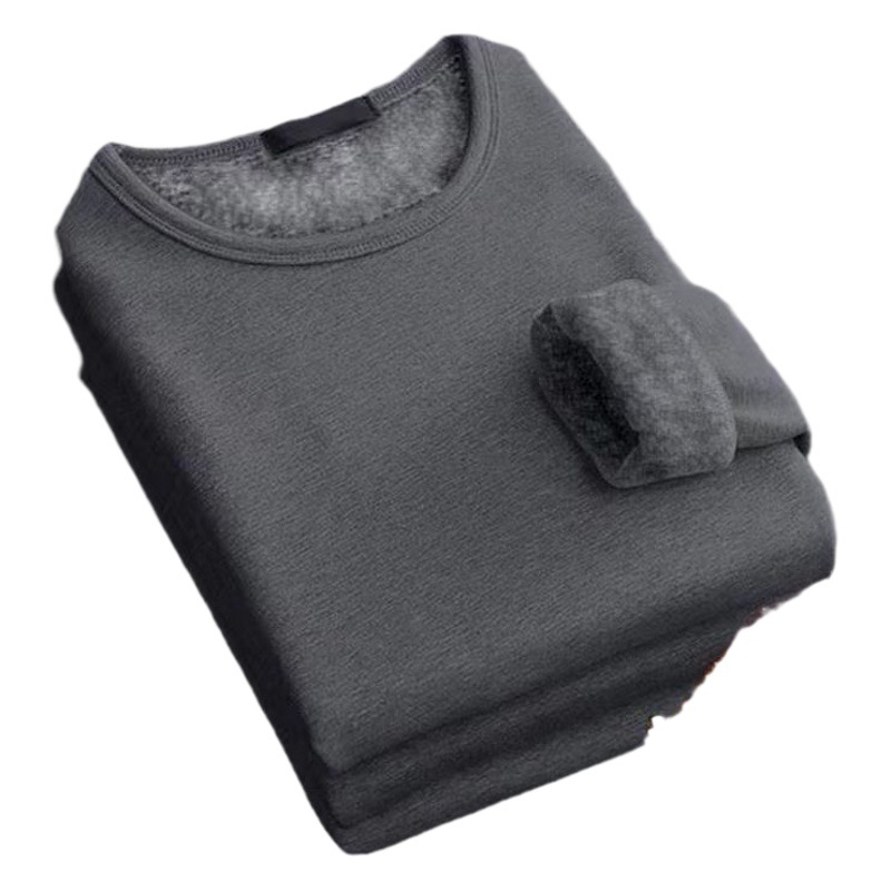 [new] men's fleece-lined thermal underwear bottoming shirt autumn and winter round neck long sleeve top thick winter solid color