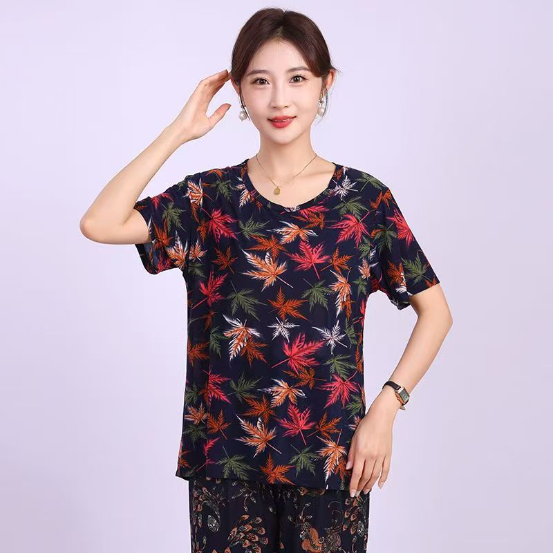 Picture of Middle-aged summer short-sleeved women's T-shirt mother outfit for the elderly loose elastic casual round neck plus size ice silk wholesale