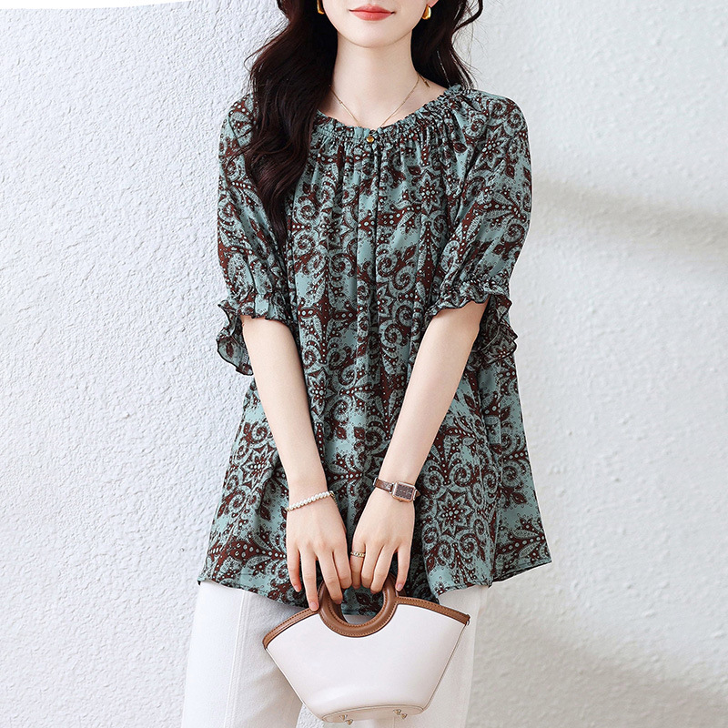 Picture of Real shot in stock plus size 2025 summer new style off shoulder casual loose print short sleeve western style top
