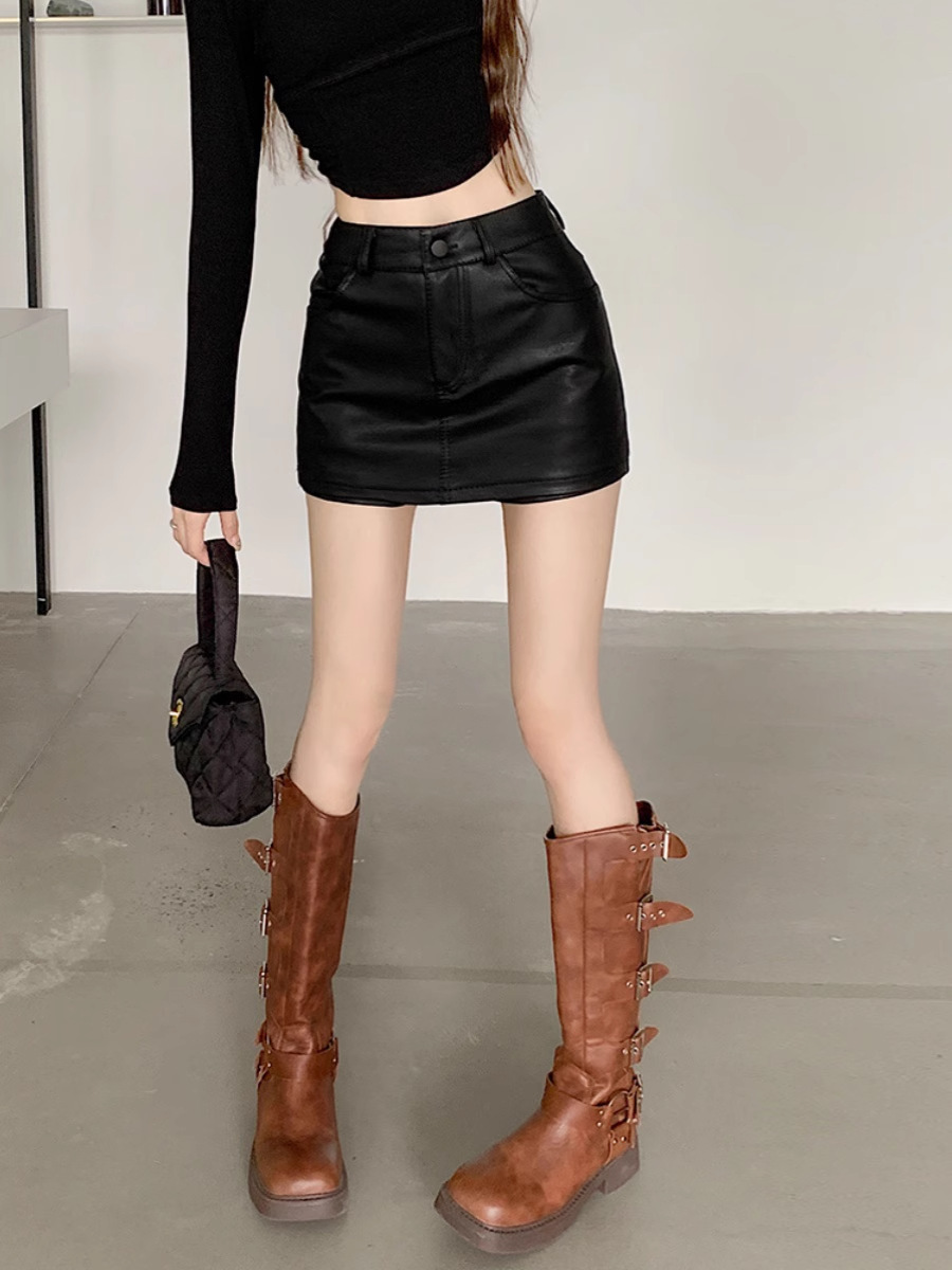 brown pu leather skirt women's autumn and winter new high waist plus size chubby girl slim hip skirt hot girl skirt
