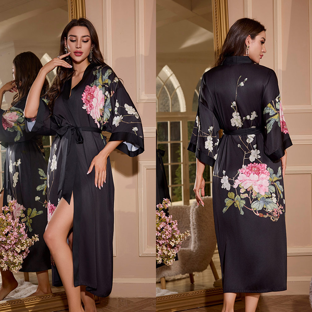 Picture of Yaoting Satin Printed Pajamas for Women Summer Large Size Accessible Luxury Three-Quarter Sleeves Cool Long Nightgown Home Wear Women Wp2669
