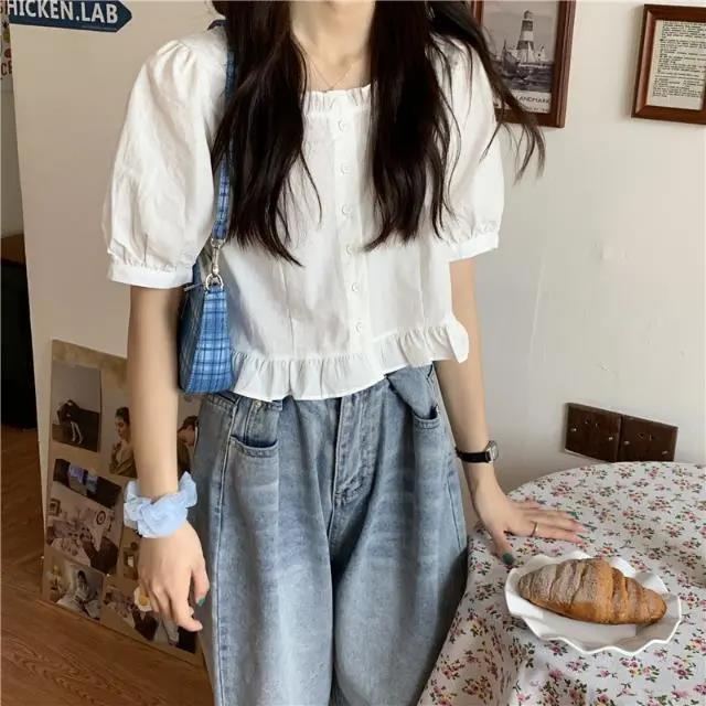 Picture of Short-Sleeved Women's New Spring/Summer 2022 Cute Casual Elegant Puff Sleeve Short Ruffled Square Neckline Top Ins