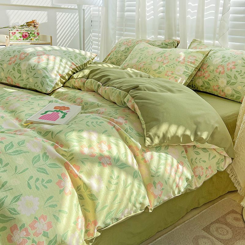 Picture of Class A Washed Double Yarn Cotton and Linen Four-piece Bed Sheet Cover Cover Three-piece Machine Washable Single and Double Bed Top Supplies