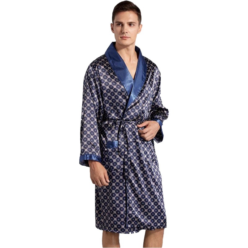 Cross-Border Men's one-piece silk nightgown summer thin artificial silk long-sleeved pajamas plus size bathrobe P801