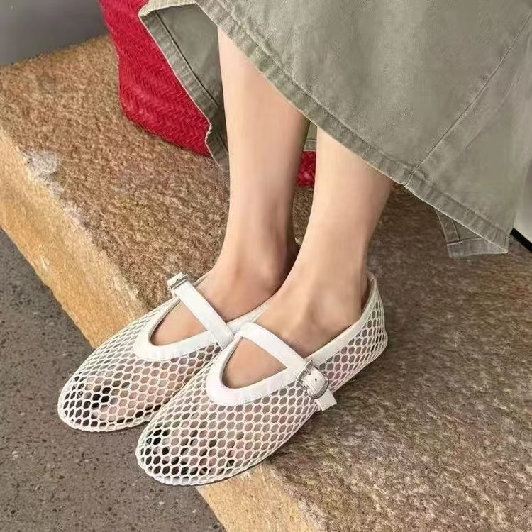 Picture of Cowhide Version Round Toe Niche Fish Mesh Cut Out Ballet Shoes for Women New Fashion Simple Flats Bottom Belt Buckle Shoes