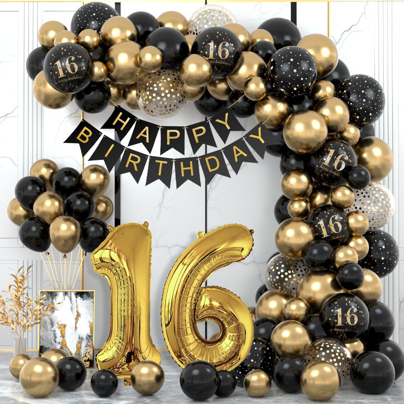 16 Year Old Black Gold Balloon Birthday Balloon Student Birthday Scene Layout Balloon Amazon Party Metal Balloon Chain