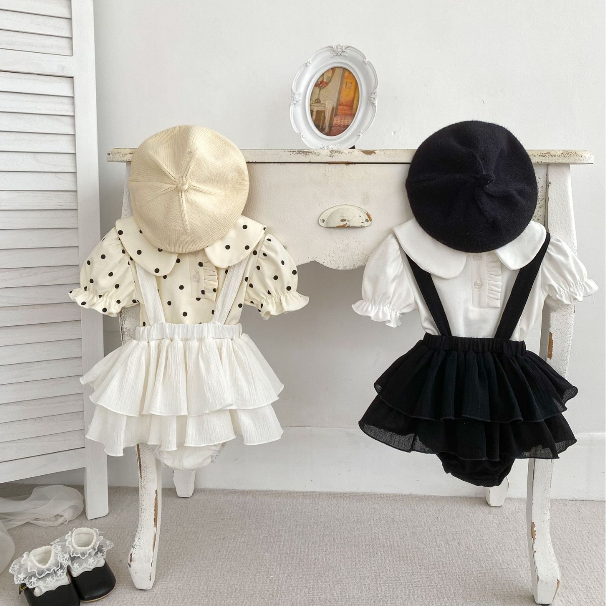 2025 New Baby Versatile Lapel Short-Sleeved T-Shirt Suspender Bag Skirt Pants Two-Piece Set Baby Girl Summer Suit
