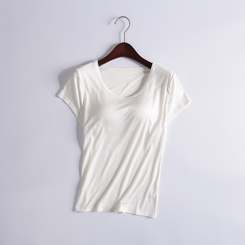 Picture of Modal T-shirt Women's Spring and Autumn Solid Color Short-sleeved Bra-free Yoga Bottoming Outer Wearing Cup All-in-one Home Clothes Inner Wearing