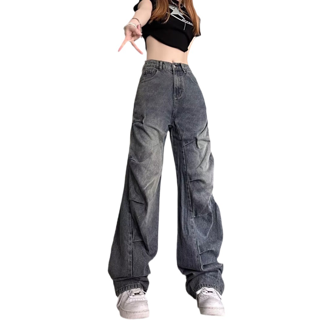 American high street loose straight irregular Pleated Jeans women's autumn 2023 new high waist slimming pants